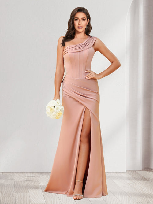 Sheath/Column One-Shoulder Floor-Length Ruched Bridesmaid Dresses with Split Side