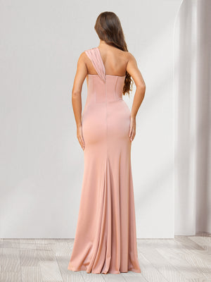 Sheath/Column One-Shoulder Floor-Length Ruched Bridesmaid Dresses with Split Side