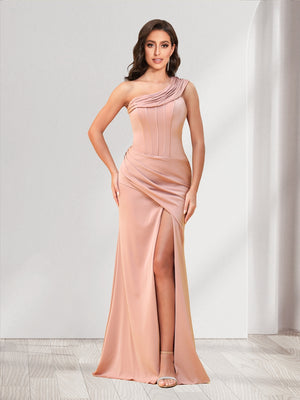 Sheath/Column One-Shoulder Floor-Length Ruched Bridesmaid Dresses with Split Side