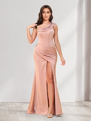 Sheath/Column One-Shoulder Floor-Length Ruched Bridesmaid Dresses with Split Side