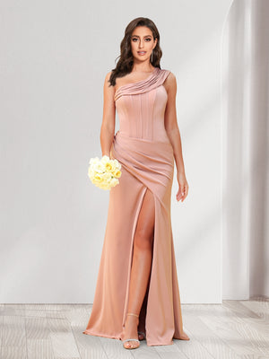 Sheath/Column One-Shoulder Floor-Length Ruched Bridesmaid Dresses with Split Side