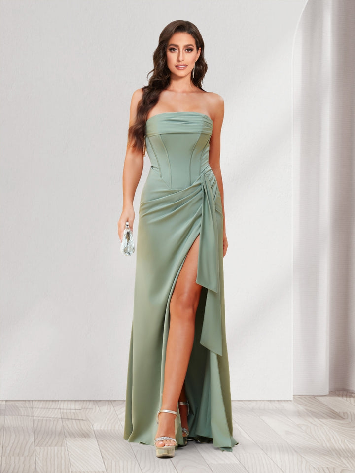 Sheath/Column Strapless Floor-Length Bridesmaid Dresses with Split Side &amp; Ruffles