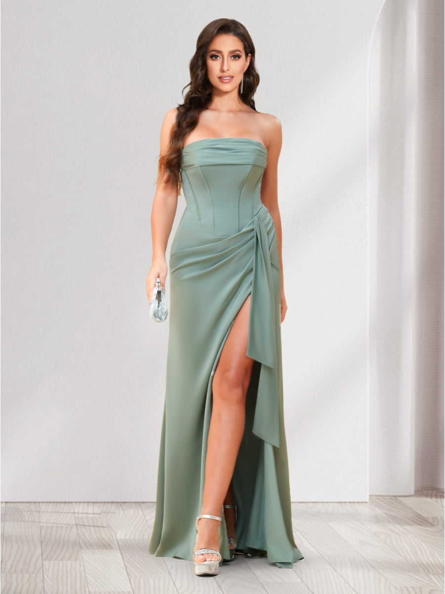 Sheath/Column Strapless Floor-Length Bridesmaid Dresses with Split Side & Ruffles