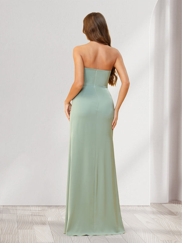 Sheath/Column Strapless Floor-Length Bridesmaid Dresses with Split Side & Ruffles