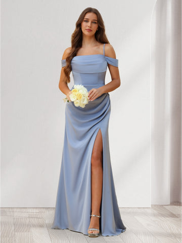 Sheath/Column Cold Shoulder Floor-Length Bridesmaid Dresses with Split Side