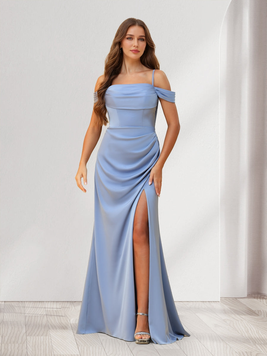 Sheath/Column Cold Shoulder Floor-Length Bridesmaid Dresses with Split Side
