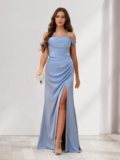 Sheath/Column Cold Shoulder Floor-Length Bridesmaid Dresses with Split Side