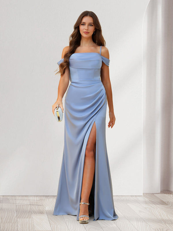 Sheath/Column Cold Shoulder Floor-Length Bridesmaid Dresses with Split Side