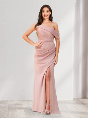 Sheath/Column One-Shoulder Floor-Length Ruched Bridesmaid Dresses with Split Side