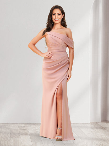 Sheath/Column One-Shoulder Floor-Length Ruched Bridesmaid Dresses with Split Side
