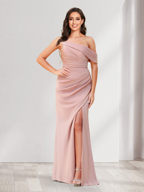 Sheath/Column One-Shoulder Floor-Length Ruched Bridesmaid Dresses with Split Side