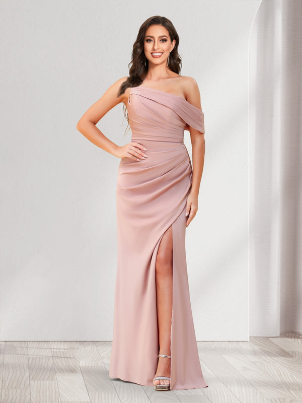 Sheath/Column One-Shoulder Floor-Length Ruched Bridesmaid Dresses with Split Side