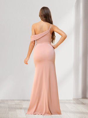 Sheath/Column One-Shoulder Floor-Length Ruched Bridesmaid Dresses with Split Side