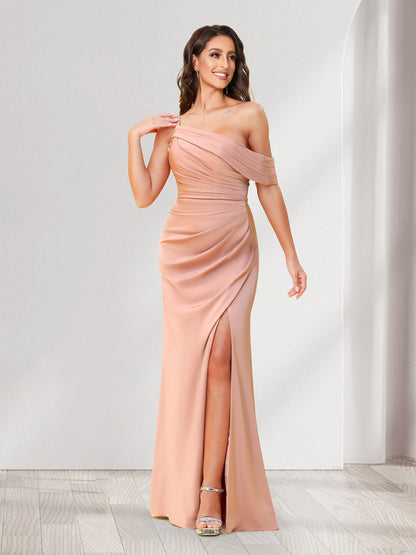 Sheath/Column One-Shoulder Floor-Length Ruched Bridesmaid Dresses with Split Side