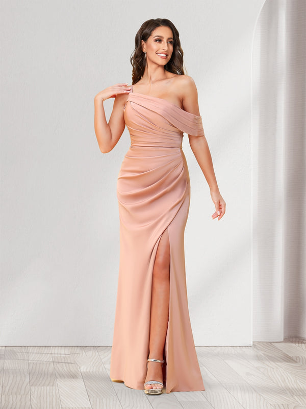 Sheath/Column One-Shoulder Floor-Length Ruched Bridesmaid Dresses with Split Side