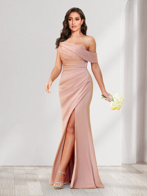Sheath/Column One-Shoulder Floor-Length Ruched Bridesmaid Dresses with Split Side