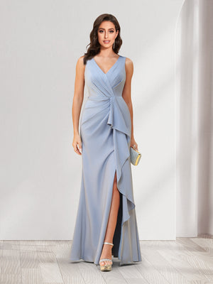 Sheath/Column V-Neck Floor-Length Ruched Bridesmaid Dresses with Ruffles & Split Side