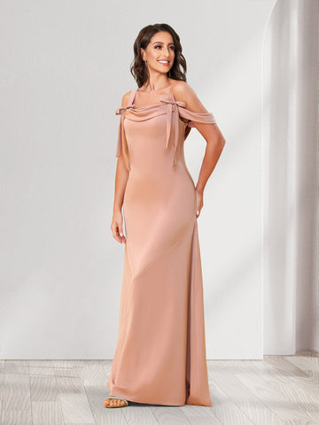 Sheath/Column Cold Shoulder Floor-Length Bridesmaid Dresses with Bowknots