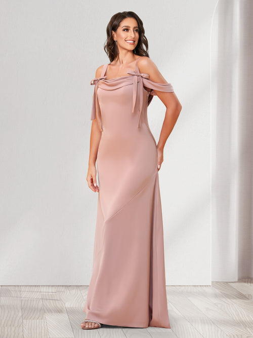 Sheath/Column Cold Shoulder Floor-Length Bridesmaid Dresses with Bowknots