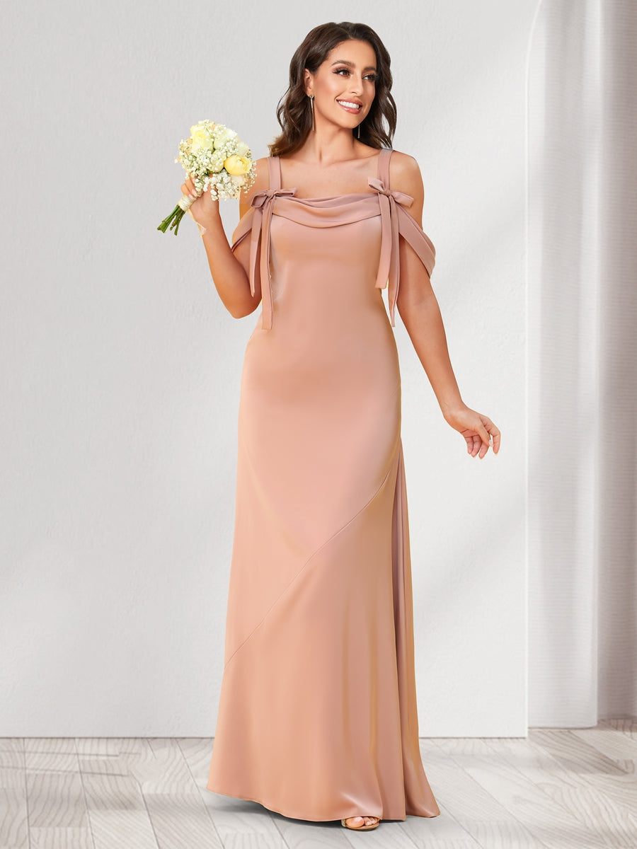 Sheath/Column Cold Shoulder Floor-Length Bridesmaid Dresses with Bowknots