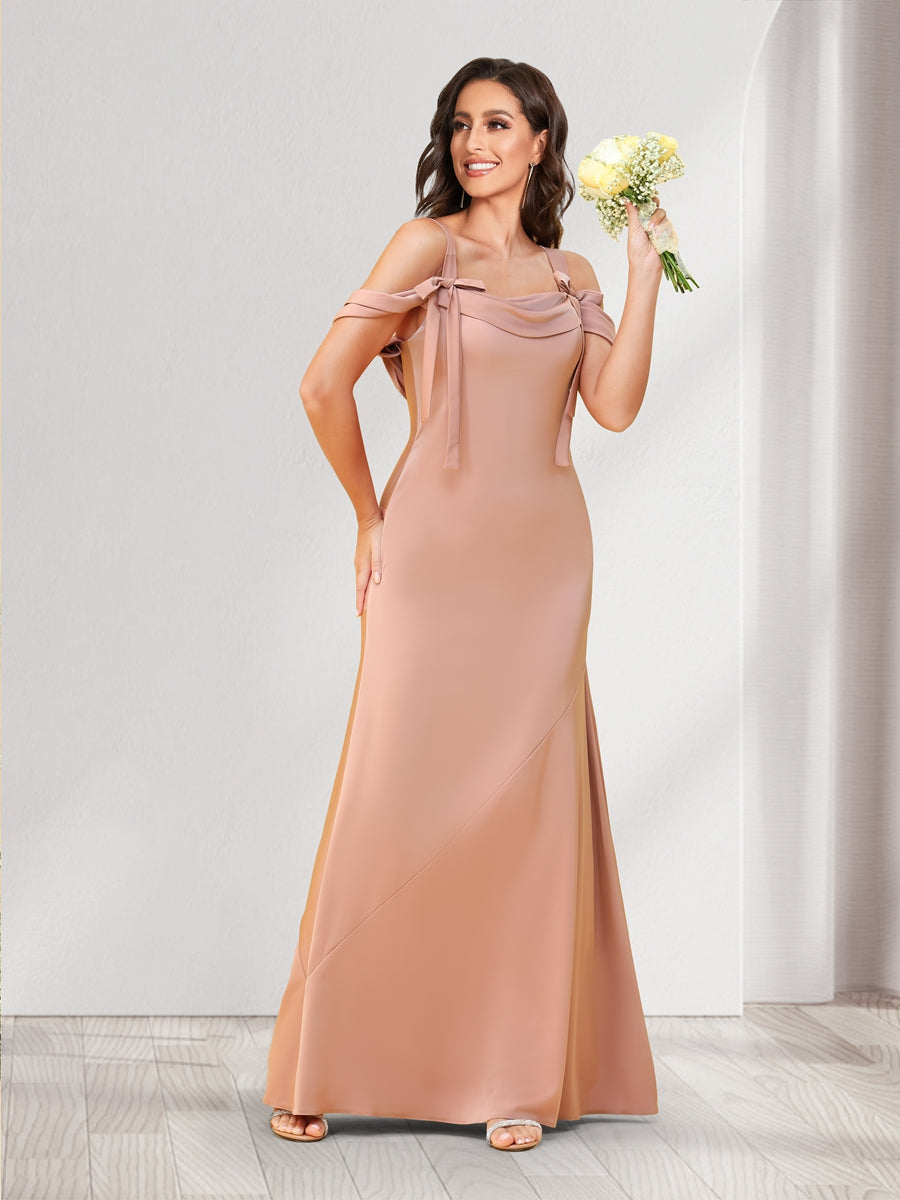 Sheath/Column Cold Shoulder Floor-Length Bridesmaid Dresses with Bowknots