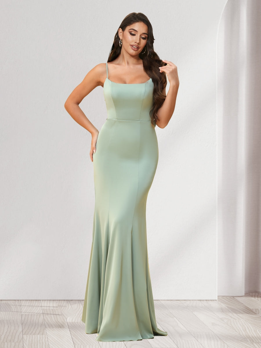 Trumpet/Mermaid Spaghetti Straps Floor-Length Bridesmaid Dresses With Bowknot &amp; Ruffles