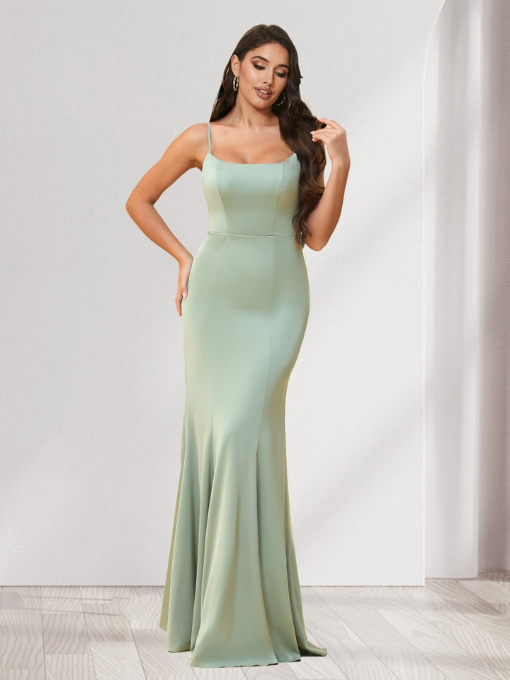 Trumpet/Mermaid Spaghetti Straps Floor-Length Bridesmaid Dresses With Bowknot &amp; Ruffles