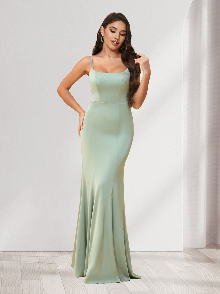 Trumpet/Mermaid Spaghetti Straps Floor-Length Bridesmaid Dresses With Bowknot & Ruffles