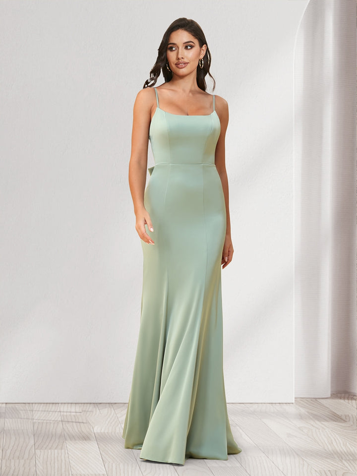 Trumpet/Mermaid Spaghetti Straps Floor-Length Bridesmaid Dresses With Bowknot &amp; Ruffles