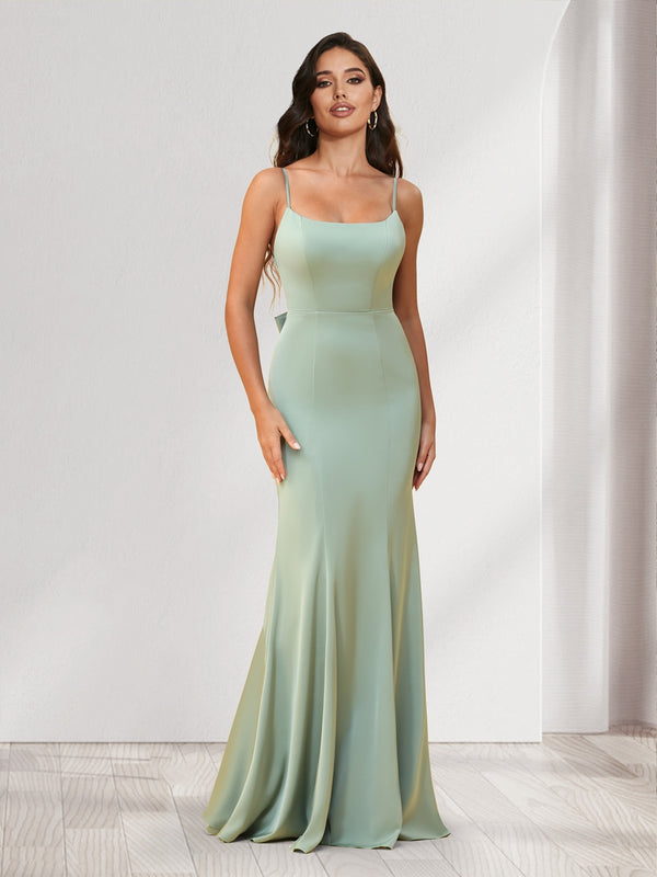 Trumpet/Mermaid Spaghetti Straps Floor-Length Bridesmaid Dresses With Bowknot & Ruffles