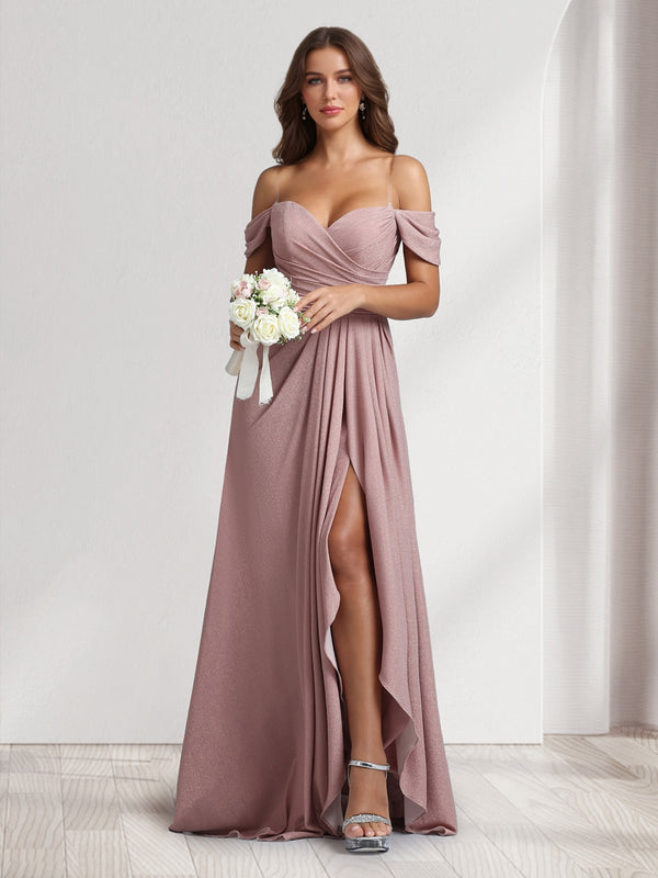 A-Line/Princess Off-the-Shoulder Floor-Length Ruched Bridesmaid Dresses With Ruffles & Split Side