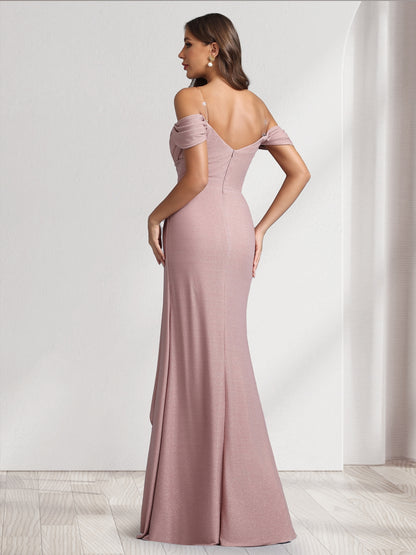 A-Line/Princess Off-the-Shoulder Floor-Length Ruched Bridesmaid Dresses With Ruffles & Split Side