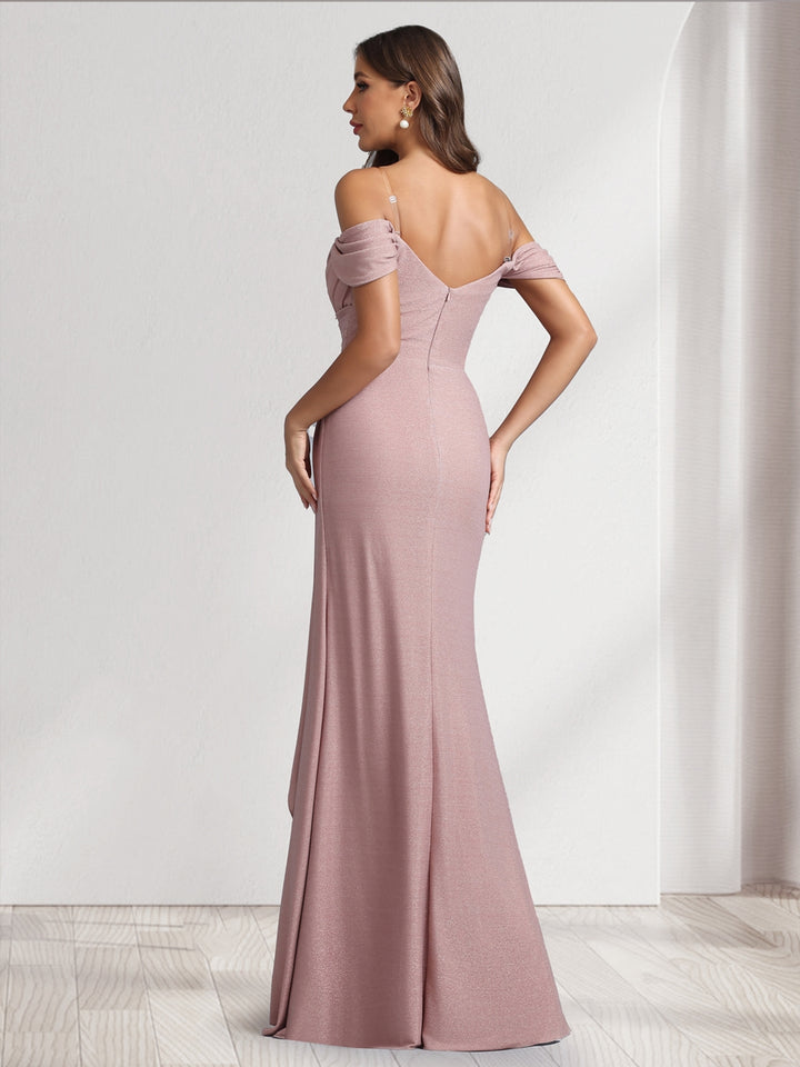 A-Line/Princess Off-the-Shoulder Floor-Length Ruched Bridesmaid Dresses With Ruffles &amp; Split Side