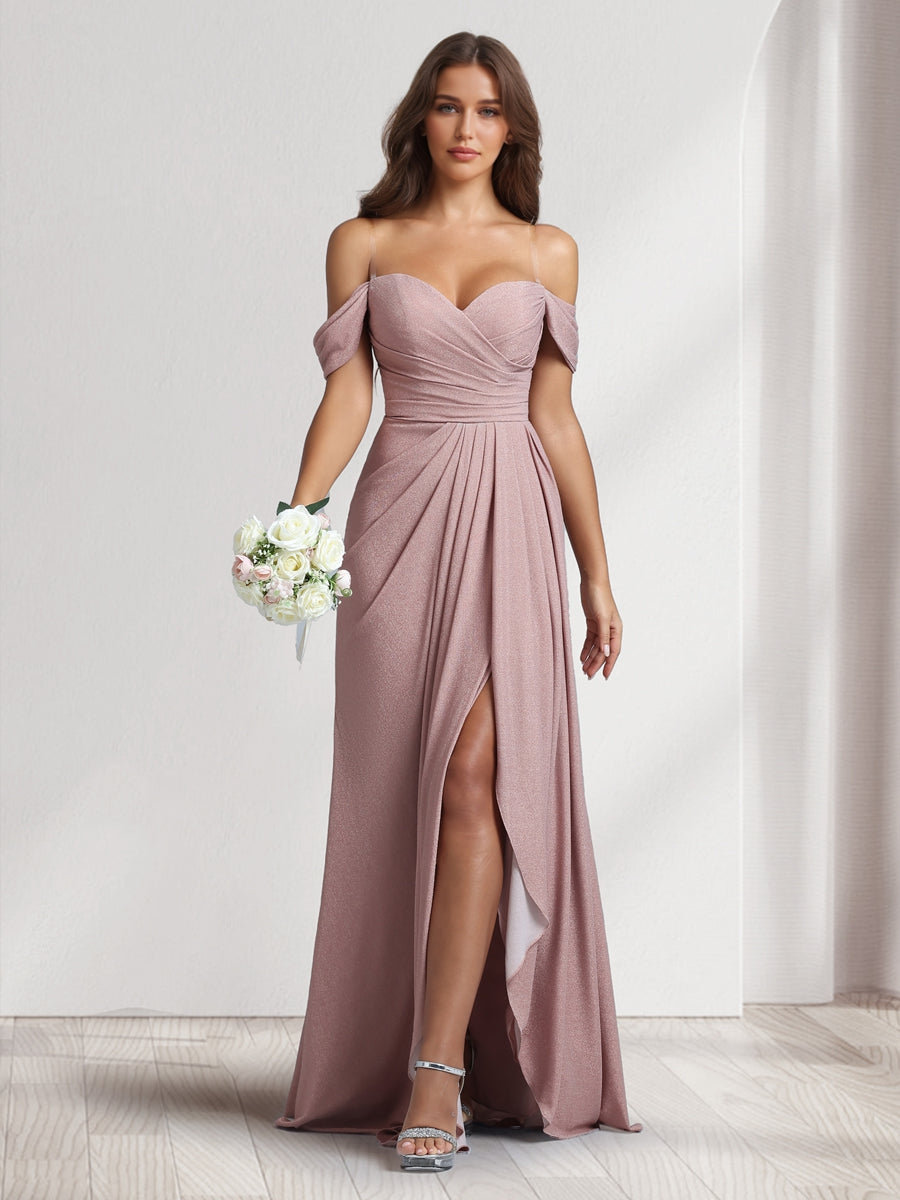 A-Line/Princess Off-the-Shoulder Floor-Length Ruched Bridesmaid Dresses With Ruffles &amp; Split Side