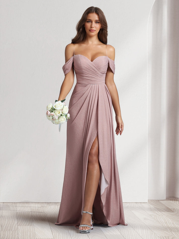 A-Line/Princess Off-the-Shoulder Floor-Length Ruched Bridesmaid Dresses With Ruffles &amp; Split Side