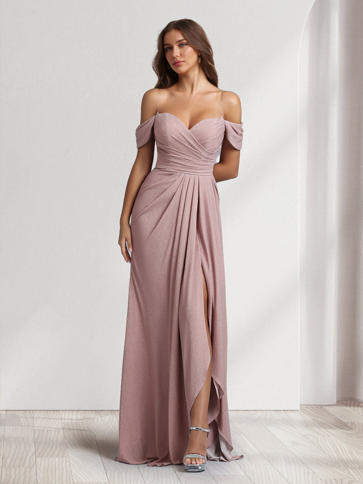 A-Line/Princess Off-the-Shoulder Floor-Length Ruched Bridesmaid Dresses With Ruffles &amp; Split Side