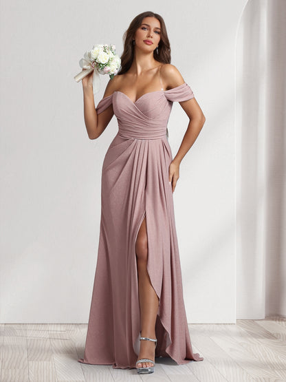 A-Line/Princess Off-the-Shoulder Floor-Length Ruched Bridesmaid Dresses With Ruffles & Split Side