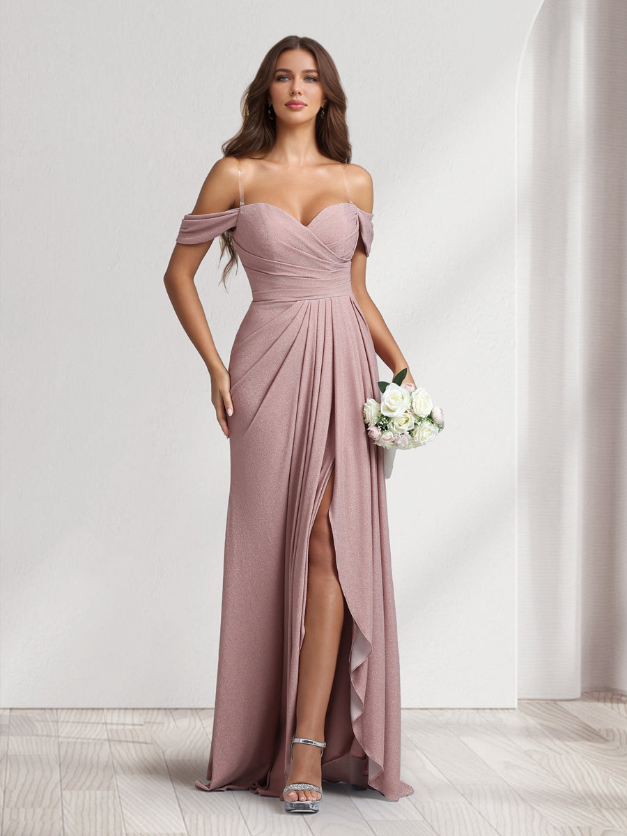 A-Line/Princess Off-the-Shoulder Floor-Length Ruched Bridesmaid Dresses With Ruffles &amp; Split Side