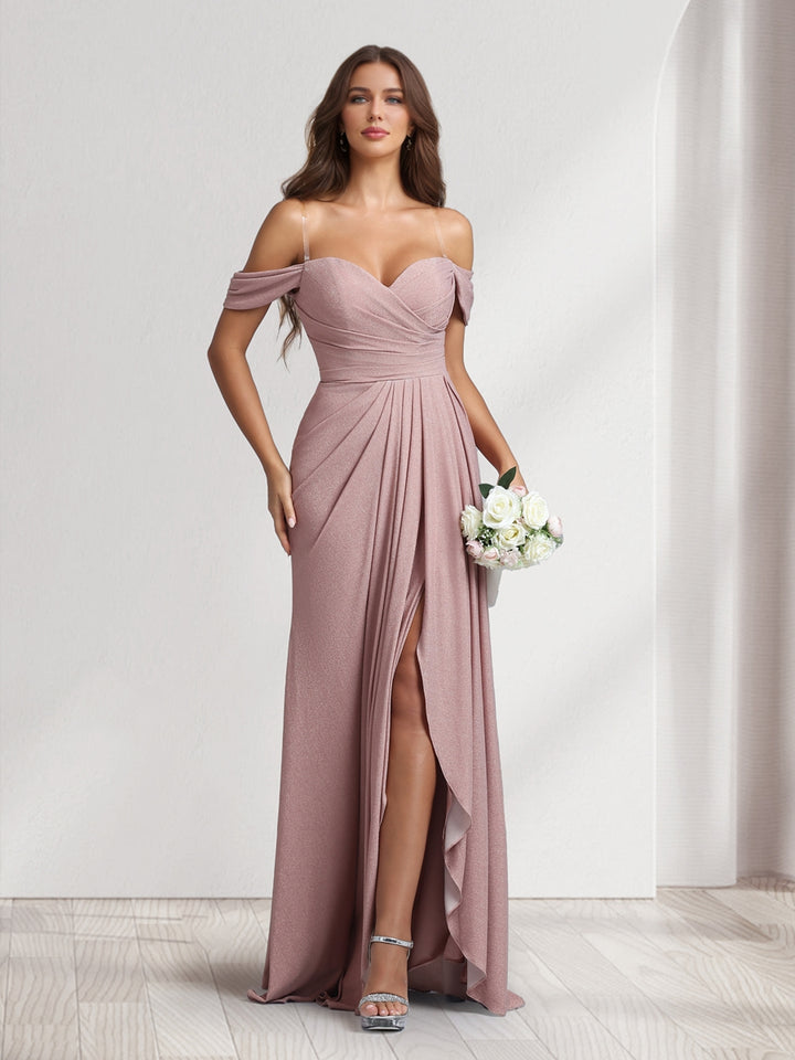 A-Line/Princess Off-the-Shoulder Floor-Length Ruched Bridesmaid Dresses With Ruffles &amp; Split Side