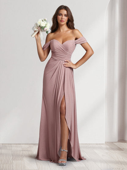 A-Line/Princess Off-the-Shoulder Floor-Length Ruched Bridesmaid Dresses With Ruffles & Split Side