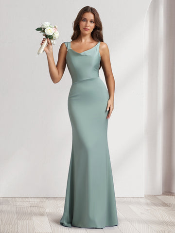 Sheath/Column Cowl Neck Floor-Length Bridesmaid Dresses with Beadings