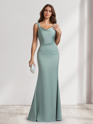 Sheath/Column Cowl Neck Floor-Length Bridesmaid Dresses with Beadings