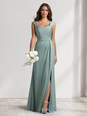 Sheath/Column Square Neck Long Ruched Bridesmaid Dresses with Split Side