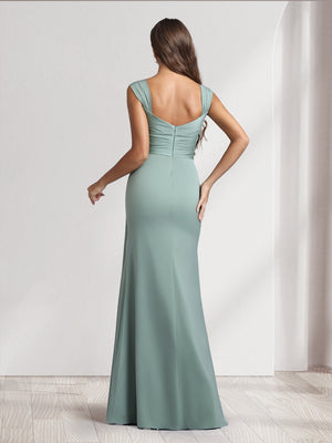 Sheath/Column Square Neck Long Ruched Bridesmaid Dresses with Split Side