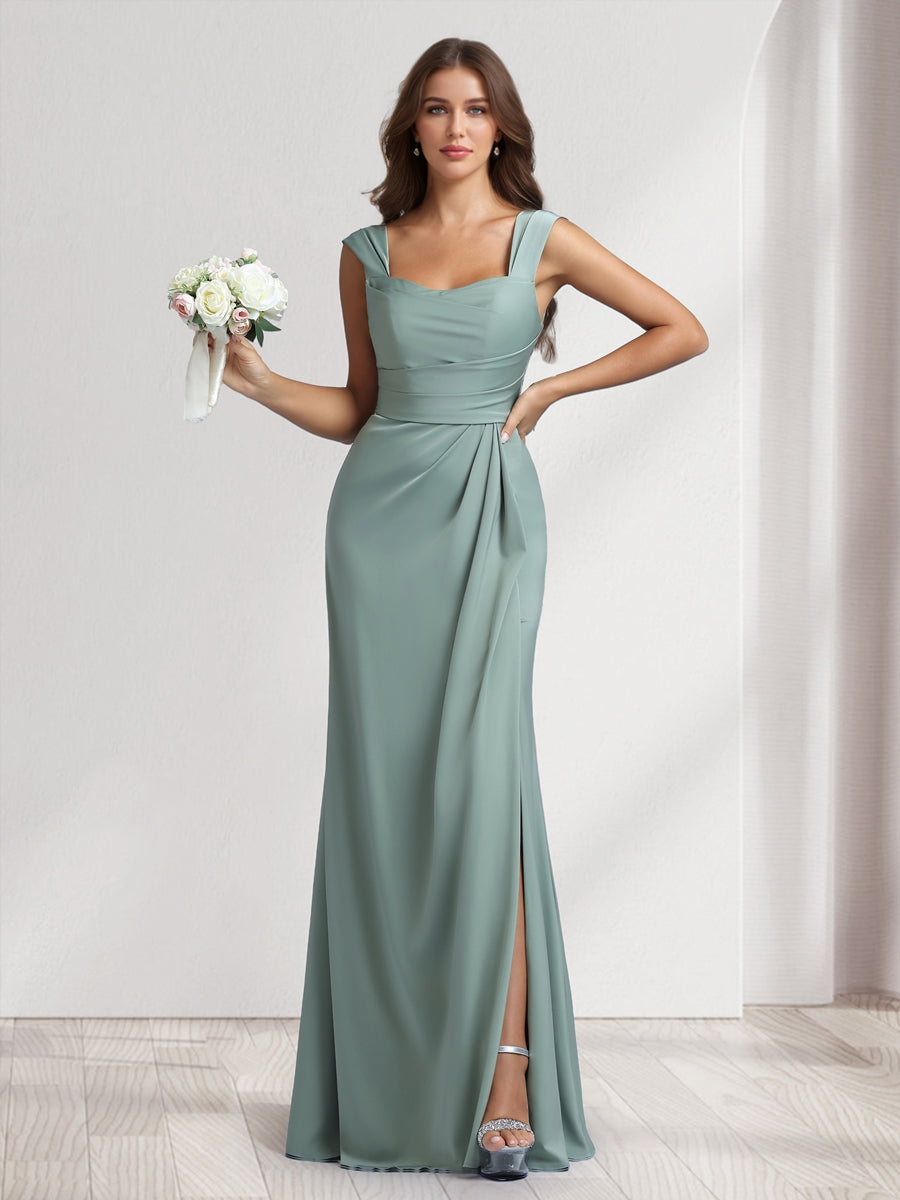 Sheath/Column Square Neck Long Ruched Bridesmaid Dresses with Split Side