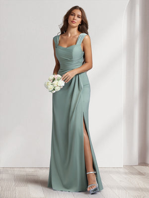 Sheath/Column Square Neck Long Ruched Bridesmaid Dresses with Split Side