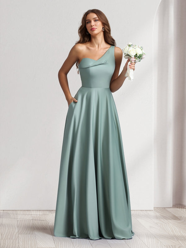 A-Line/Princess One-Shoulder Floor-Length Bridesmaid Dresses With Pockets