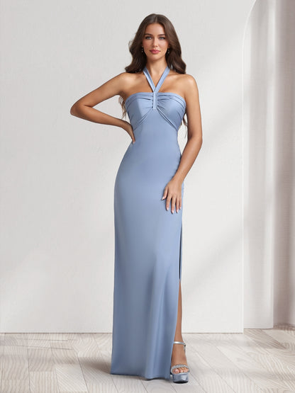 Sheath/Column Halter Dresses Long Ruched Bridesmaid Dresses with Split Side