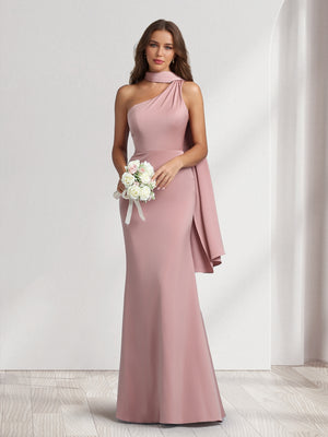 Sheath/Column Halter Maxi Dresses Long Bridesmaid Dresses with Neck Scarf