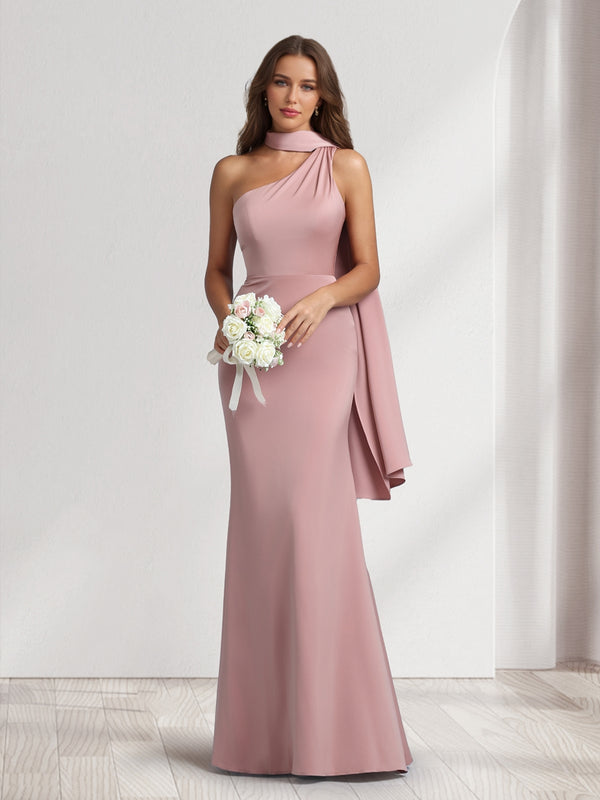 Sheath/Column Halter Maxi Dresses Long Bridesmaid Dresses with Neck Scarf
